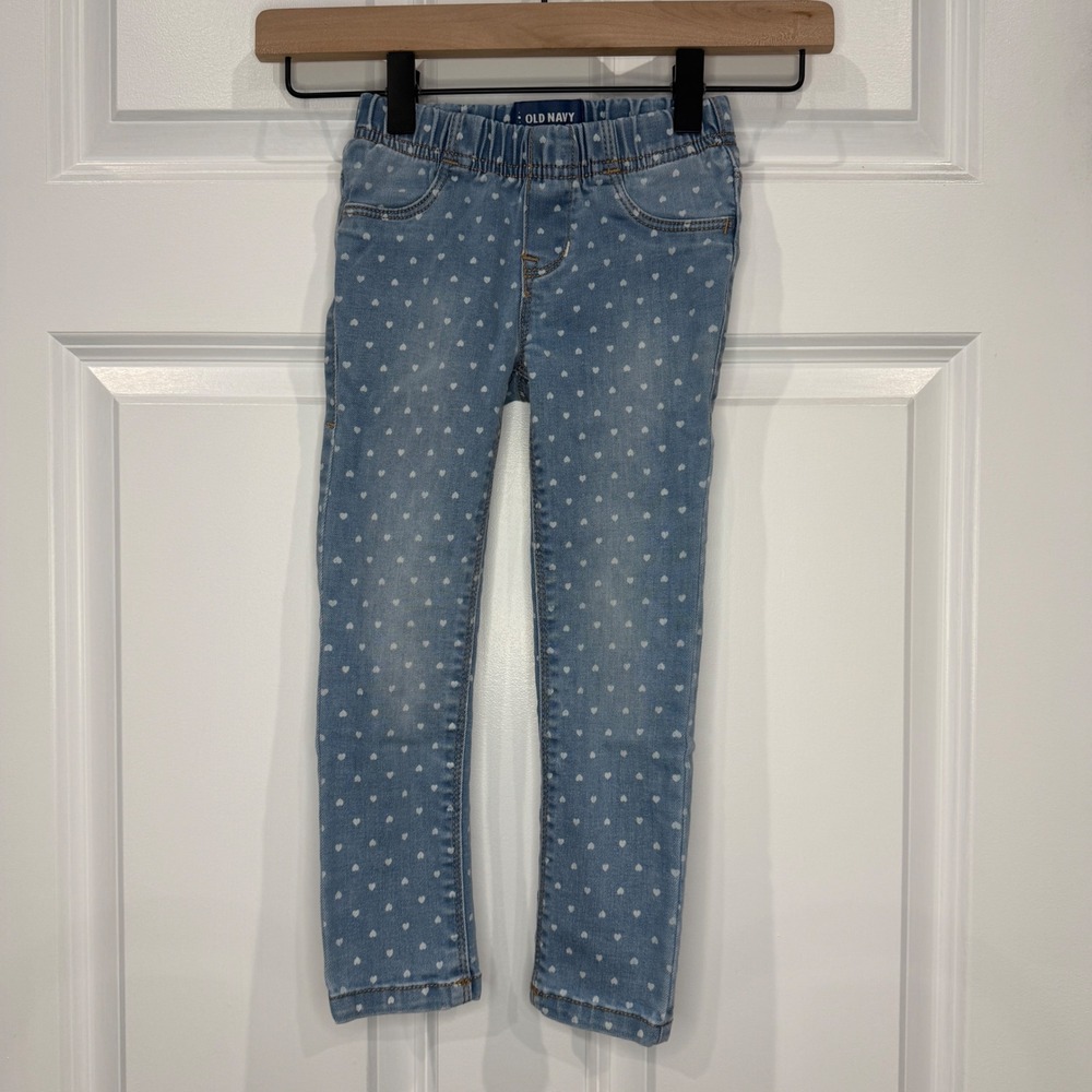 Old Navy Girls Heart Print Jeggings Light Wash Blue Denim Pull On Pants Size 4T